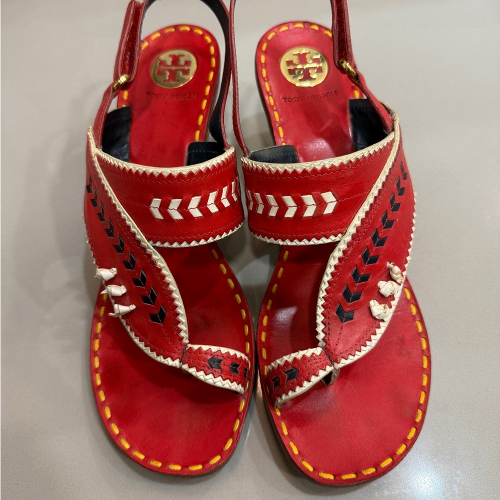 Tory Burch Red, White and Blue kitten heel Sandals